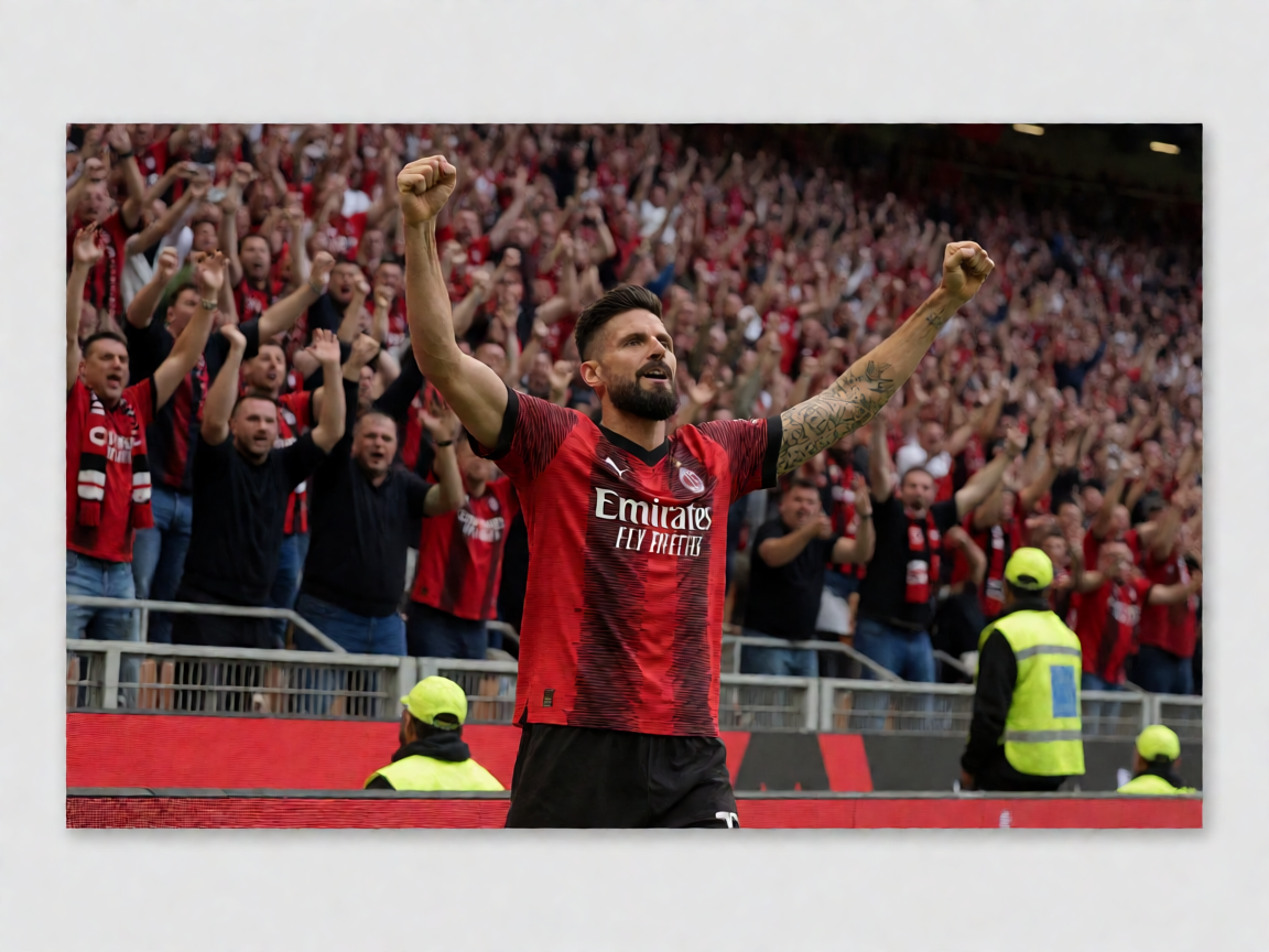 AC米兰球员吉鲁在圣西罗球场庆祝进球，红黑球迷激情欢呼的场景